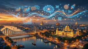 AI digital marketing in Kolkata 2026 — Howrah Bridge skyline with digital data streams representing artificial intelligence in marketing