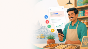 Illustration of a Kolkata small business owner using Google Ads to grow customers