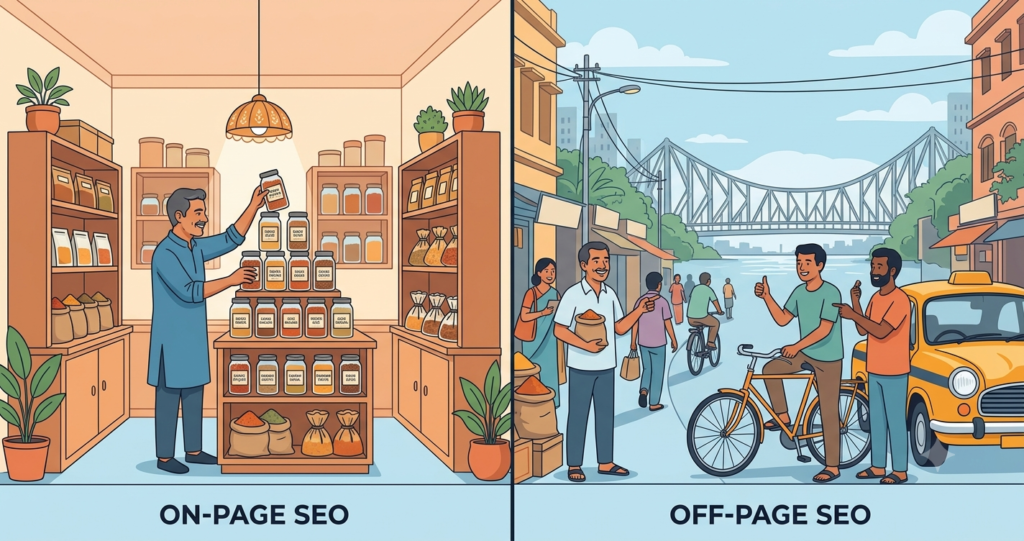 Illustration comparing on-page SEO and off-page SEO for local businesses
