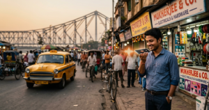 Kolkata business owner using voice search optimization on smartphone with Howrah Bridge in background