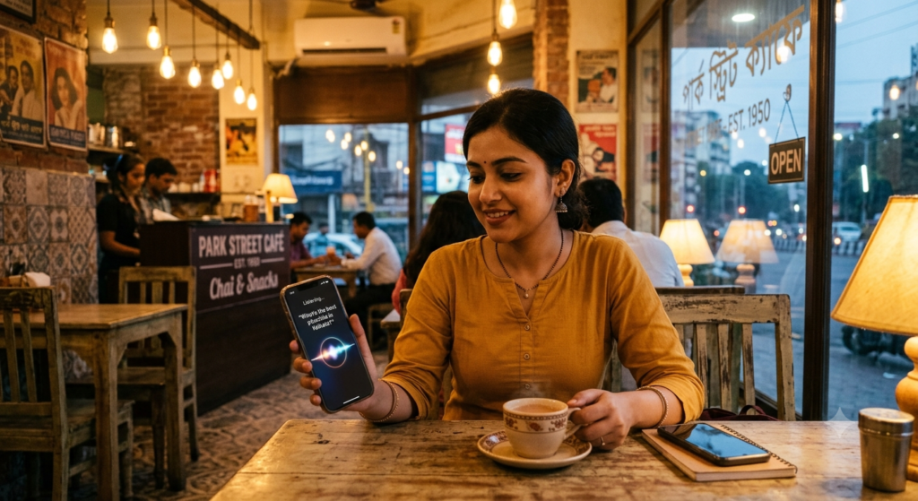 customer asking voice assistant for a restaurant near Park Street Kolkata